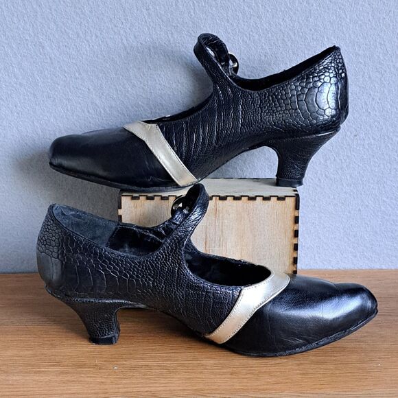 Vintage Handmade Mary Jane Womens 7.5 Black Patent Kitten Heels Rhinestone Retro - Picture 5 of 15